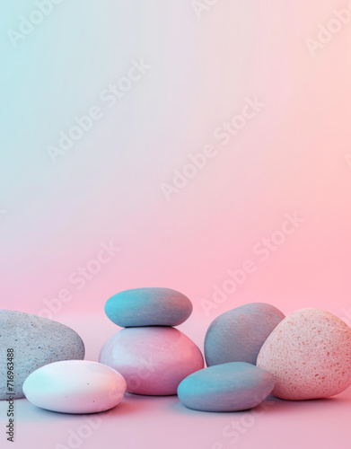 A variety of smooth stone pebbles on a soft pink surface.