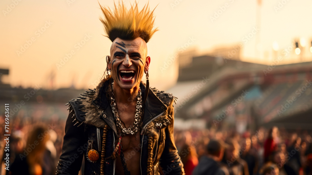 Young happy punk with mohawk hairstyle, open air music festival