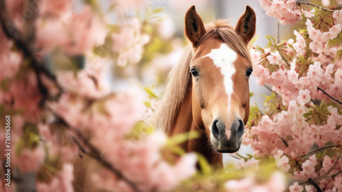 A bay horse looks out behind the blossoming sakura branches. Spring theme pet products advertising banner layout.