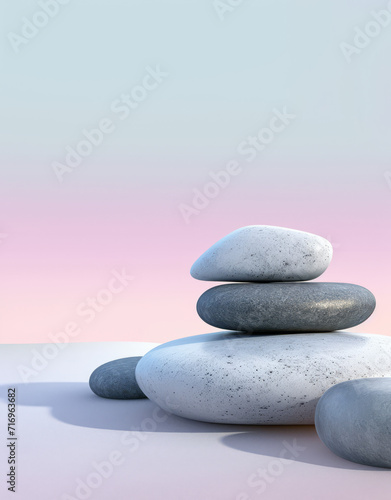 Assorted pebbles lined up against a colourful gradient background, peaceful and calming.