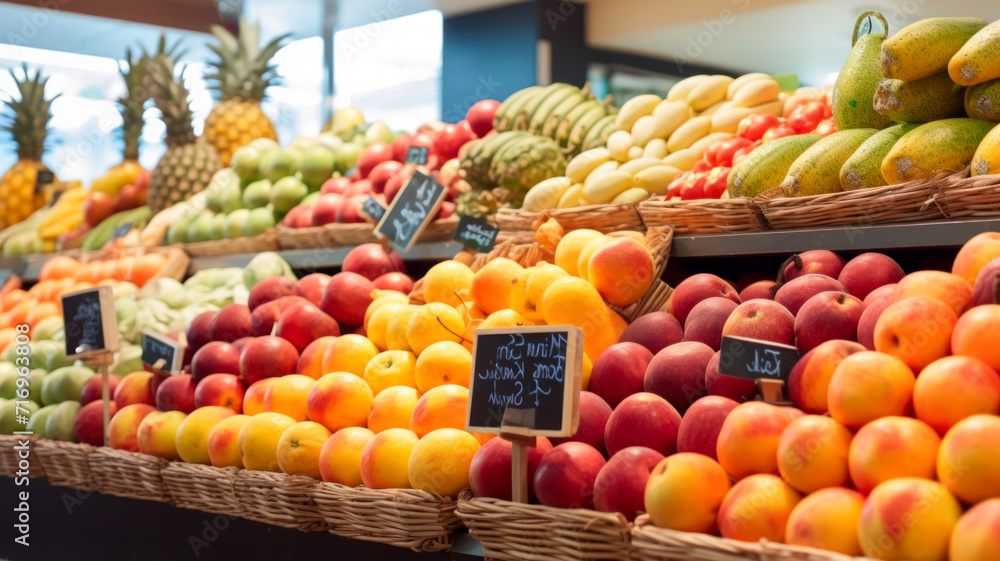 Shelf with ripe fruits on supermarket display
