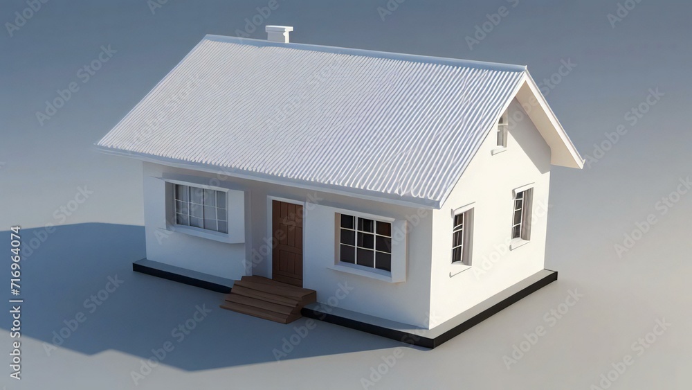 A minimalist 3D house model on a neutral background.