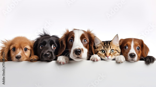 A row of puppies and kittens look behind a white board.