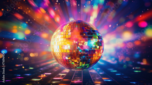 Colorful bright disco ball, unreal trippy rave party