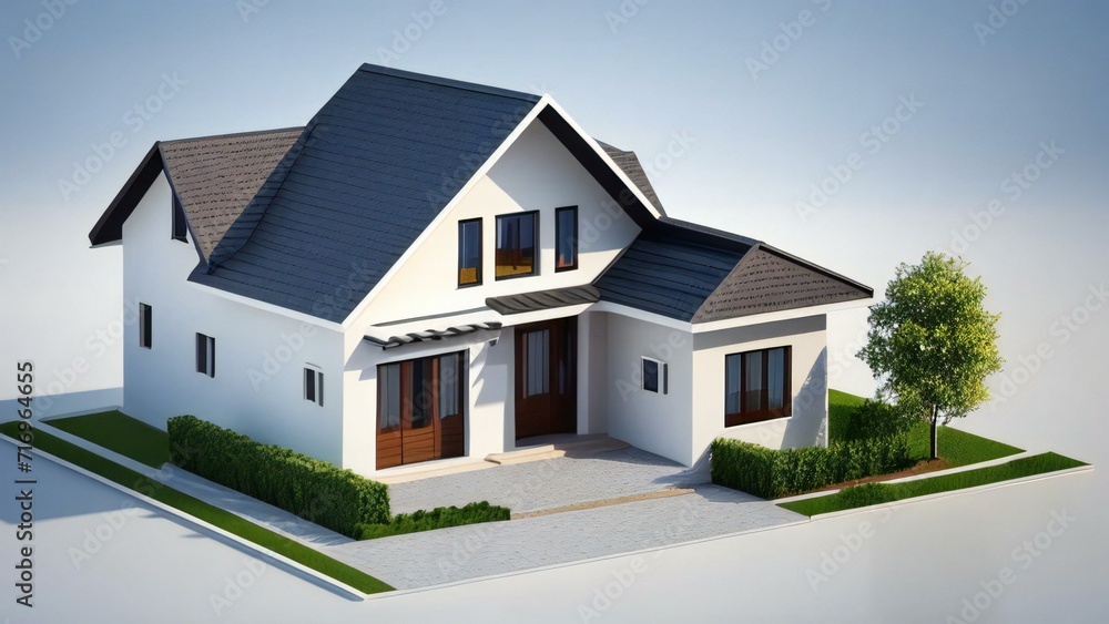 3d house model rendering on white background, 3D illustration modern cozy house. Concept for real estate or property.