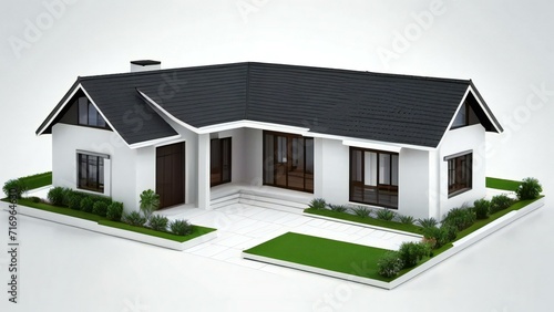 A 3D model of a house featuring a black roof and white siding, exuding contemporary style.