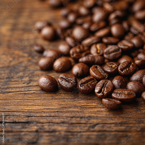 Coffee beans on a wooden background with copy space. 