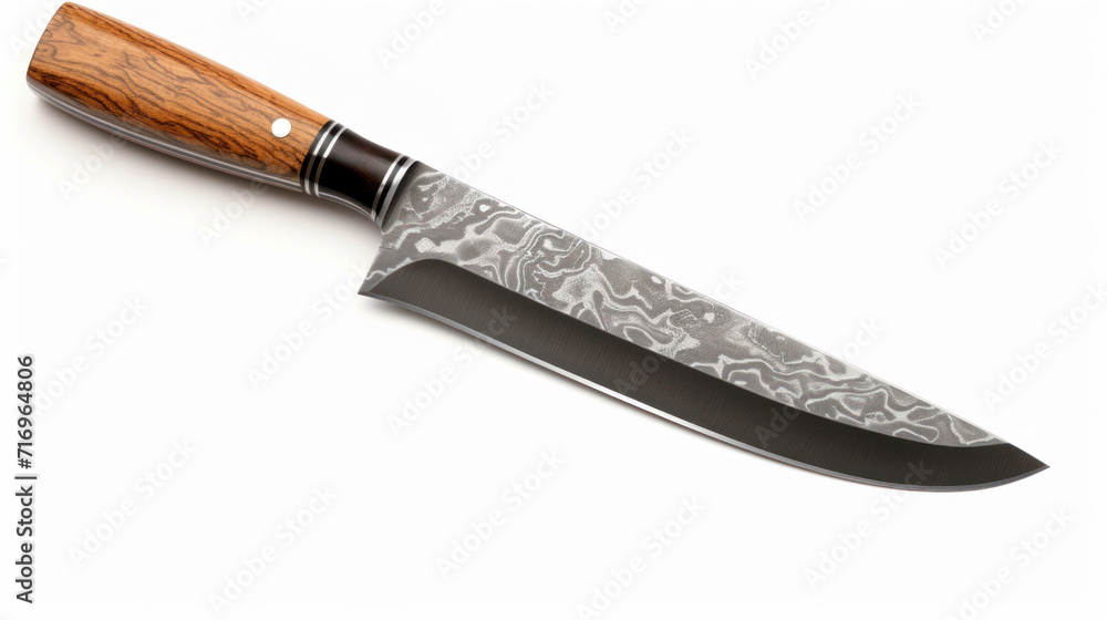 Chef's kitchen knife with damascus steel blade isolated on white background Chef's kitchen knife with damascus steel blade isolated on white background