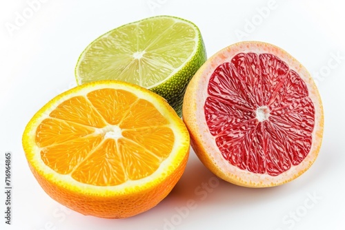 A group of citrus fruits cut in half. Suitable for food and beverage blogs or recipe websites