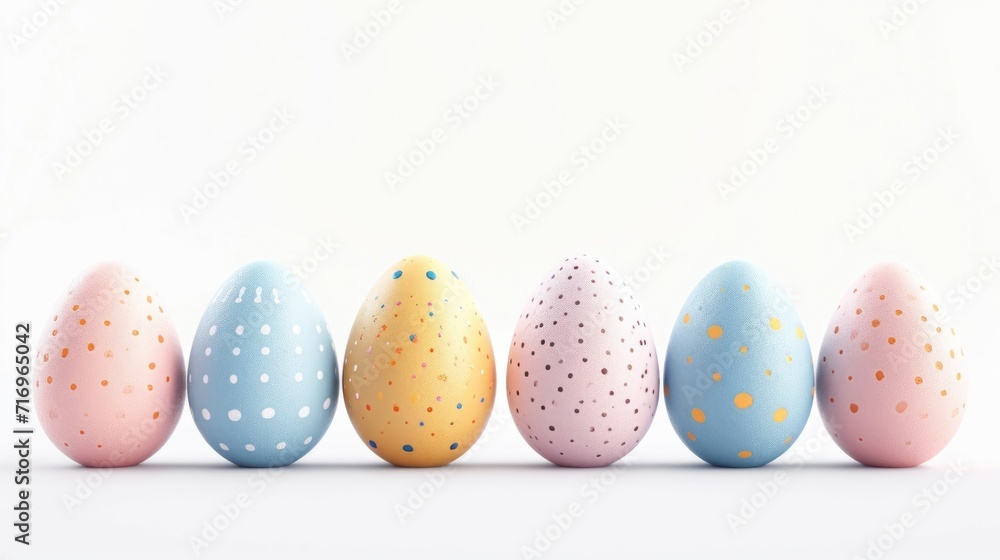 A lineup of pastel-colored Easter eggs adorned with multicolored polka dots