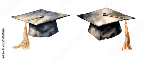 Watercolor school, graduation cap. Illustration clipart isolated on white background.