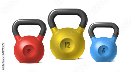 3d realistic vector icon illustration. Set of kettlebells weights in color.