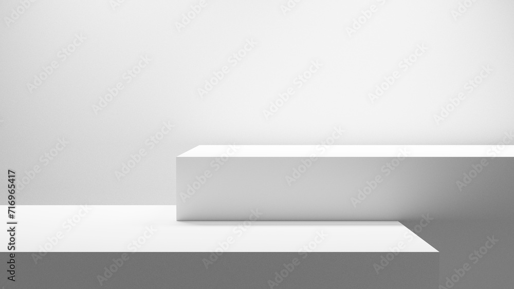 Empty white abstract table - platform with empty space for product placement and design solutions, blank illuminated white background, blank bright step platform white background - obrazy, fototapety, plakaty 