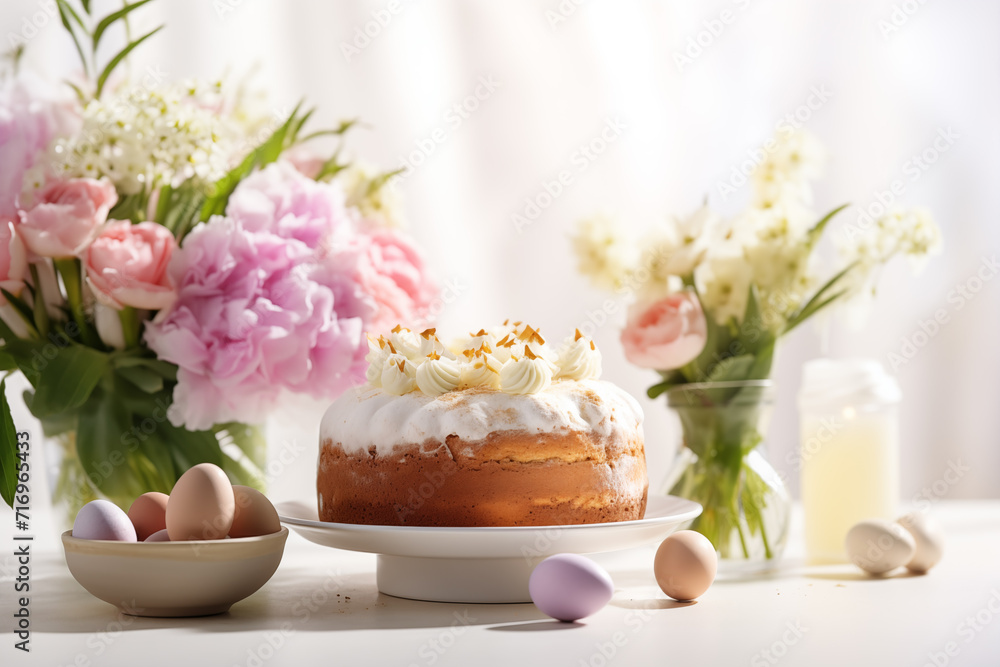 Easter cake and eggs on white background with bouquet of flowers. Happy Easter Easter cake and eggs on white background with bouquet of flowers. Happy Easter