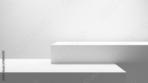 Empty white abstract table - platform with empty space for product placement and design solutions, blank illuminated white background, blank bright step platform white background