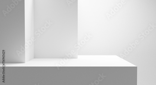 Blank white podium platform for product placement and design, empty space white table with bright light isolated on white wall, empty gray gradient room with blank podium, abstract forms background