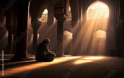 Silhouette of a man praying in Mosque. Man prays inside the Mosque