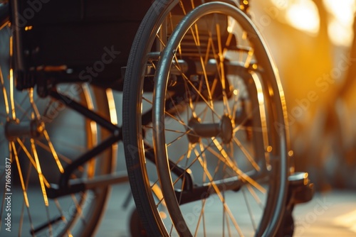 A detailed view of a wheelchair on a sidewalk. Suitable for healthcare or disability-related themes