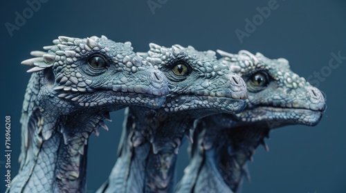 Two dragon heads in a close-up view against a vibrant blue background. Perfect for fantasy-themed projects and designs