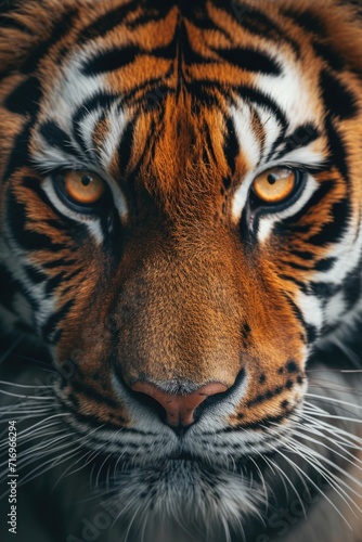 A close-up photograph of a tiger's face with a blurry background. This image can be used to depict the beauty and intensity of wild animals in their natural habitat