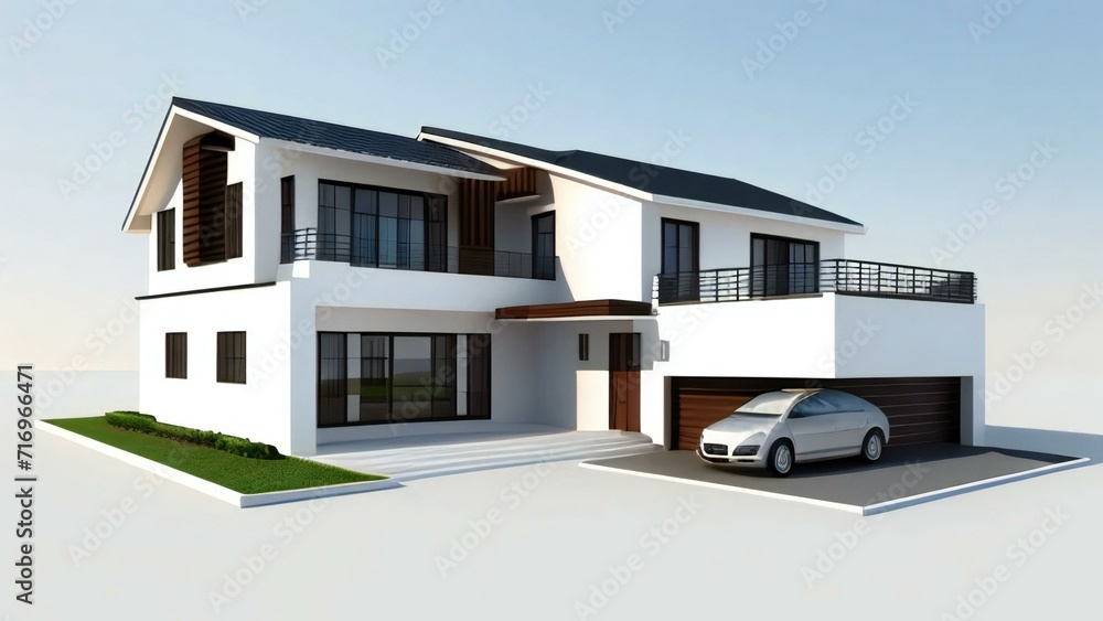 Minimalistic 3D model of a modern home on a plain white background. Concept for real estate or property.