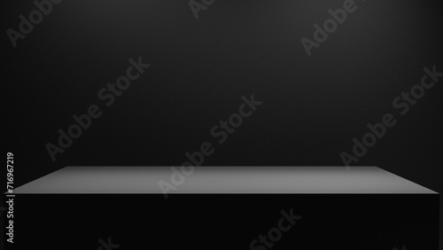 Blank black table platform with bright spotlight isolated on black wall, empty table - place for product placement and text and design, empty place table stage podium hight quality photo