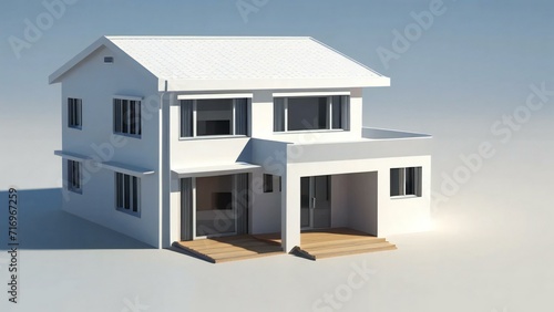 Cozy 3D rendering of a small house with a white picket fence. Concept for real estate or property. © home 3d