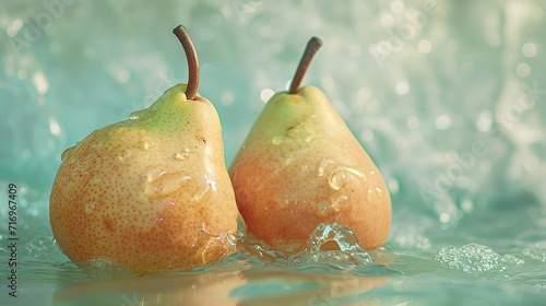 Fresh pears gently float in the water in enchanting view on a light green background. Pears in water in a refreshing and delicate composition. photo