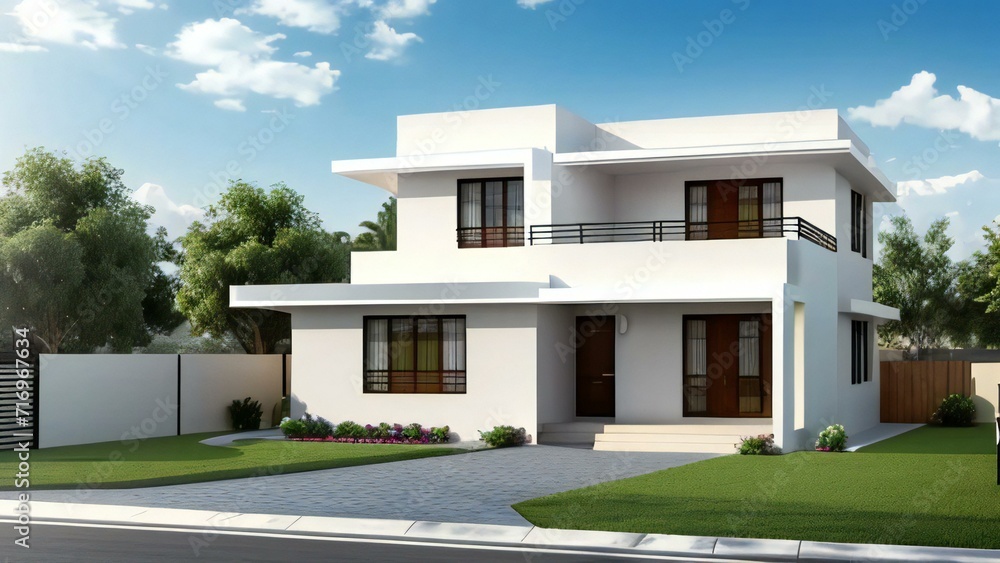 Stylish and compact 3D rendering of a contemporary home design. Concept for real estate or property.