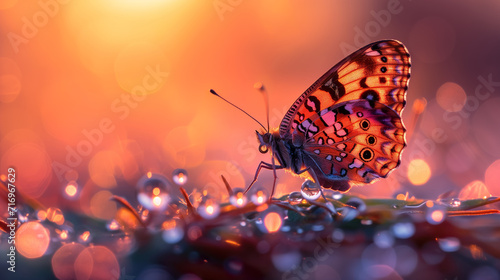 Macro shot of a butterfly, in bright colors with water drops, extreme close-up