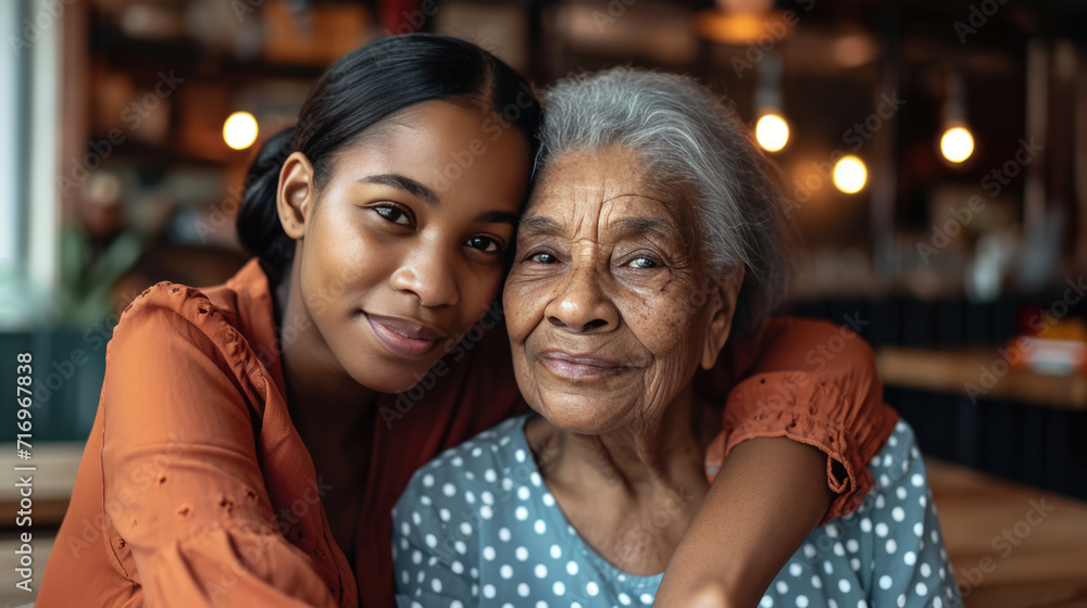 Young woman and an elderly woman closely posing together, smiling warmly, giving a sense of family, affection, and generational connection.