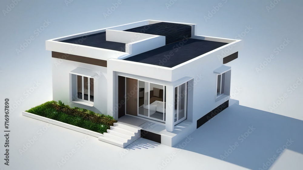 3D model of a white house against a gray backdrop. Concept for real estate or property.