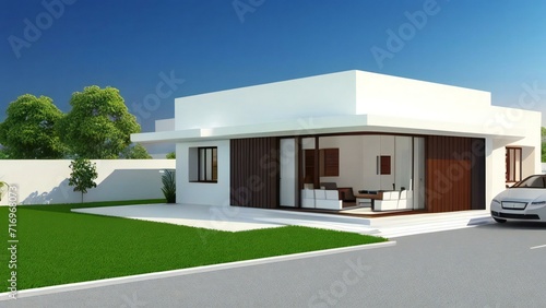 Minimalistic 3D model of a house in white, set on a neutral gray background. Concept for real estate or property. © home 3d