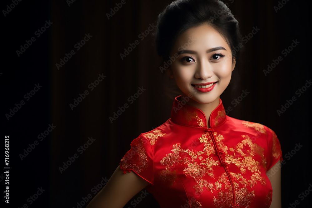 portrait of a woman wearing a red Chinese shirt commemorating Chinese New Year with generative ai portrait of a woman wearing a red Chinese shirt commemorating Chinese New Year with generative ai