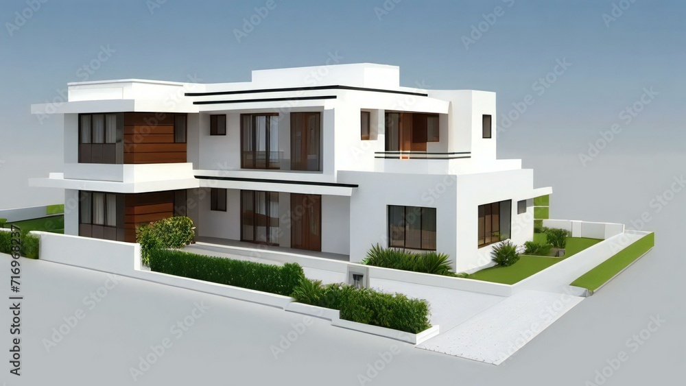 Minimalistic 3D model of a house in white, set on a neutral gray background. Concept for real estate or property. Minimalistic 3D model of a house in white, set on a neutral gray background. Concept for real estate or property.