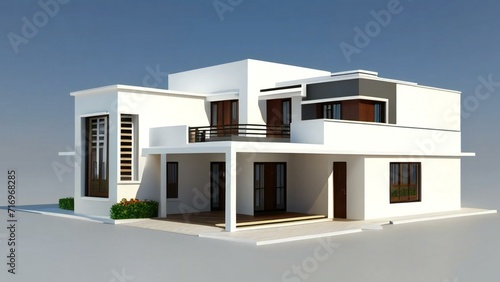 White architectural model of a house complemented by a gray backdrop. Concept for real estate or property. © home 3d