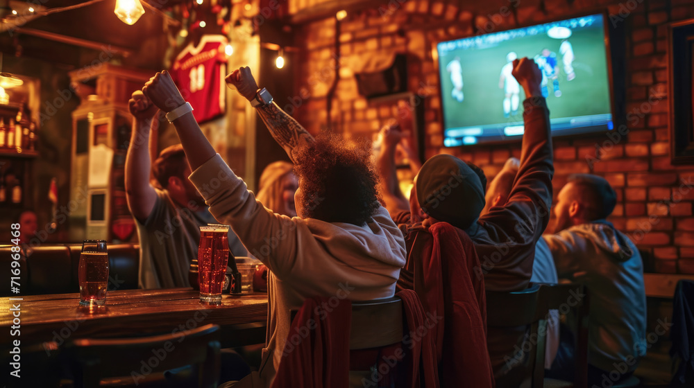 Vibrant sports bar atmosphere where patrons are energetically celebrating
