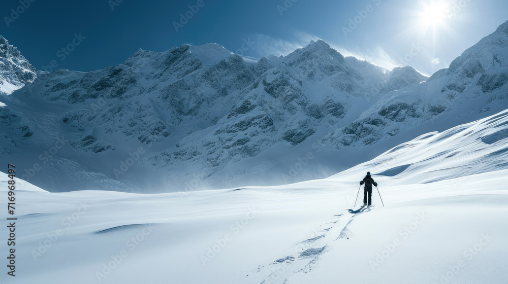 Solitary skier is trekking across a snowy mountain landscape under a bright sun.