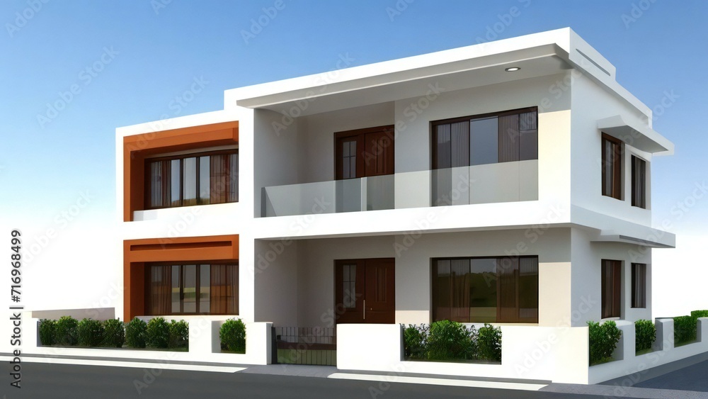 Charming, modern 3D house design with an inviting front porch. Concept for real estate or property.