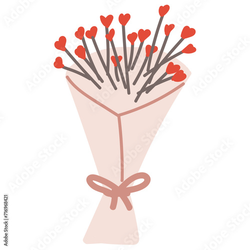 Hand-drawn illustration of bouquet of flowers in the shape of a sweetheart. Doodle isolated on white background. 