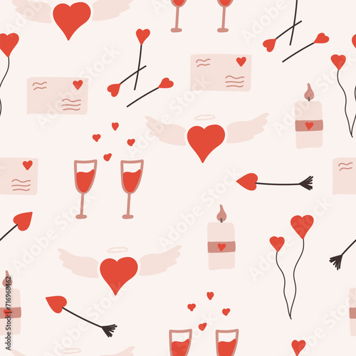 Seamless pattern with romantic letters and decoration hearts. Hand drawn illustration with angel wings and halo. Valentine's Day background