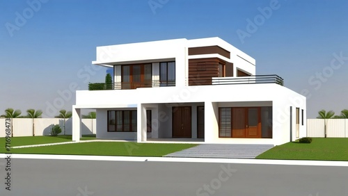 Charming  modern 3D house design with an inviting front porch. Concept for real estate or property.