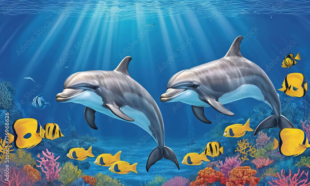 Dolphins under water at the coral reef
with tropical fishes. Underwater world of the ocean.
Algae, corals and sea anemones on the seabed.