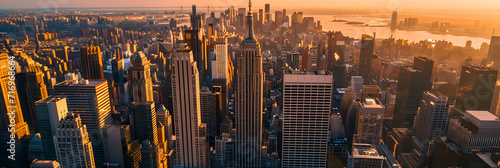 Sunset Aerial View of Empire State Building Spire and a Top Deck Tourist Observatory. New York City Business Center From Above. Helicopter Image of an Architectural Wonder in Midtown Manhattan photo