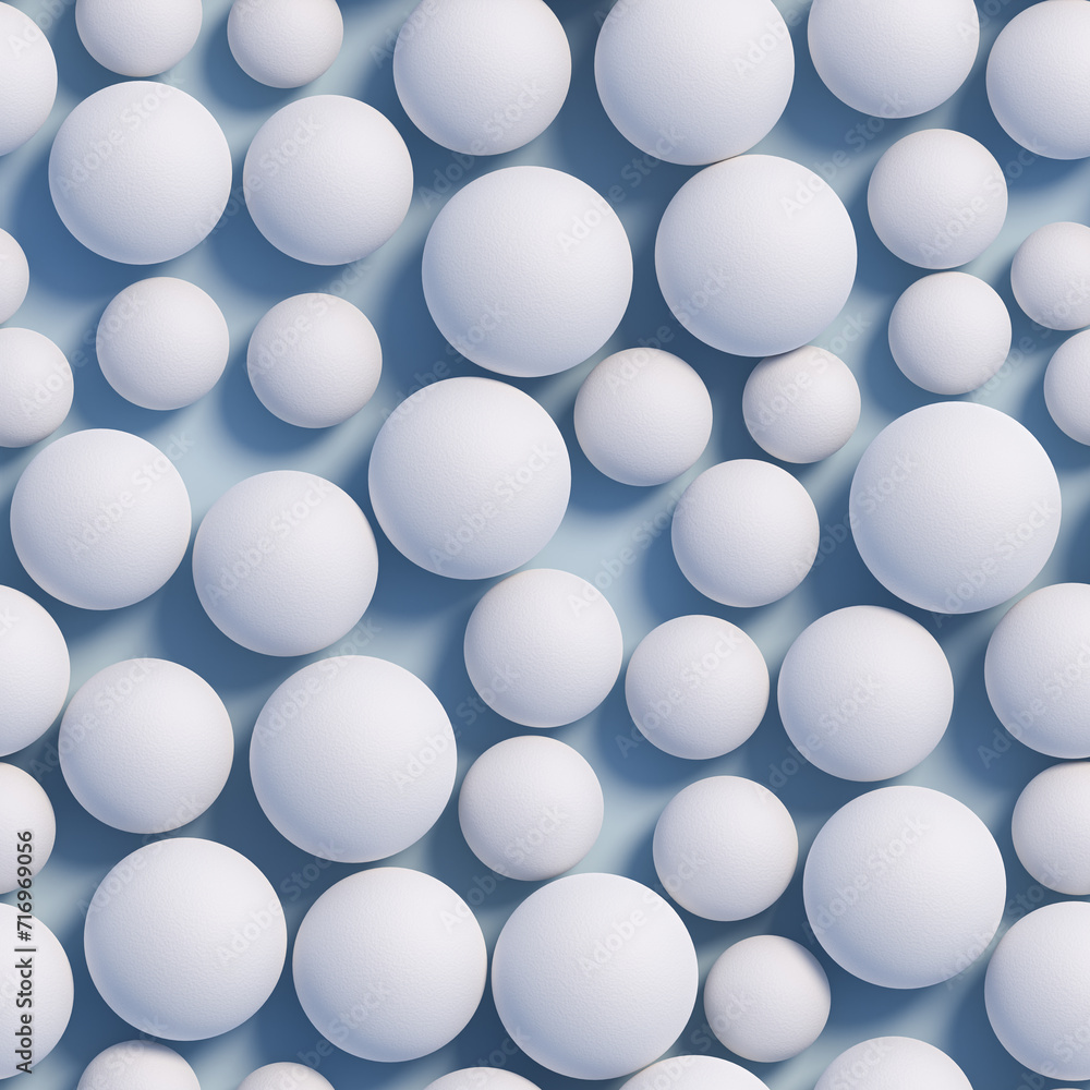 White Spheres in different sizes with a rough surface on a blue plane. Seamlessly tileable image. White Spheres in different sizes with a rough surface on a blue plane. Seamlessly tileable image.