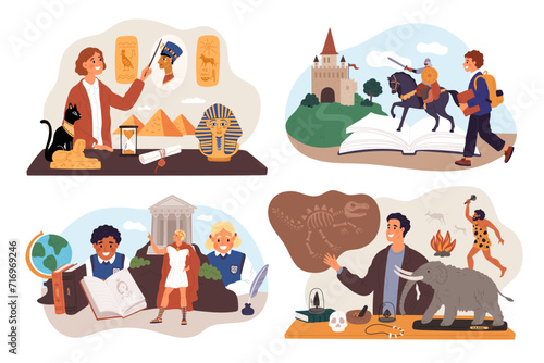 History lesson. Teachers talk about ancient civilizations, Egypt and Rome. Past knowledge elements and symbols, science education, paleontology and archeology, cartoon flat garish vector set