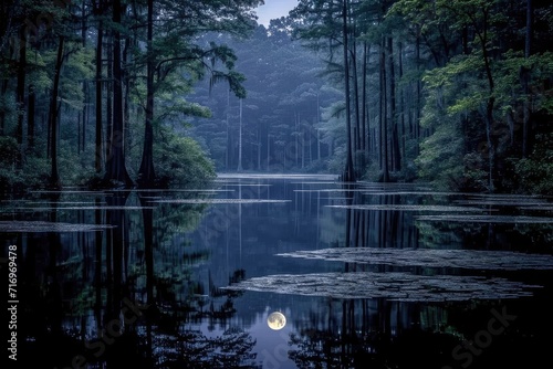 Moonlit Cypress Swamp: Reflected Light in Still Water.