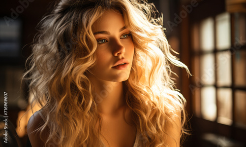 Serene Young Woman with Flowing Golden Hair Bathed in Soft Ethereal Light, Symbolizing Grace and Elegance © Bartek