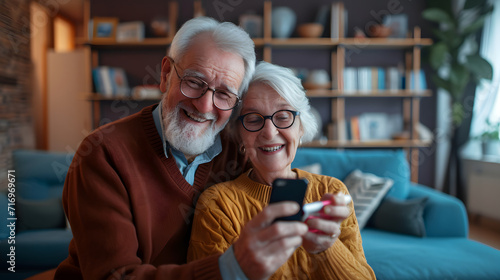 Happy smiling old pensioner couple holding a smartphone mobile phone sitting on the sofa at home, communication technology concept photo
