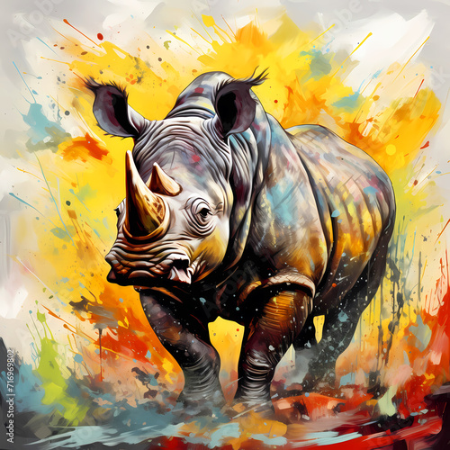 black rhinoceros drawn by oil paints, colorful picture